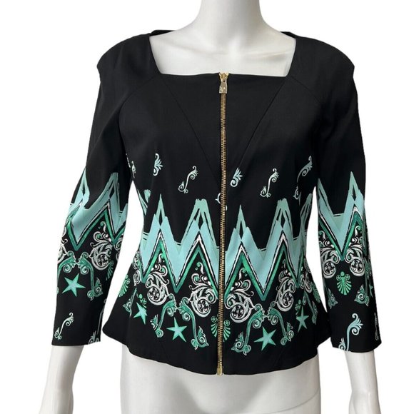 Versace Collection Black Teal Geometric 3/4 Sleeve Peplum Blouse Jacket sz 46/10 - Picture 1 of 9